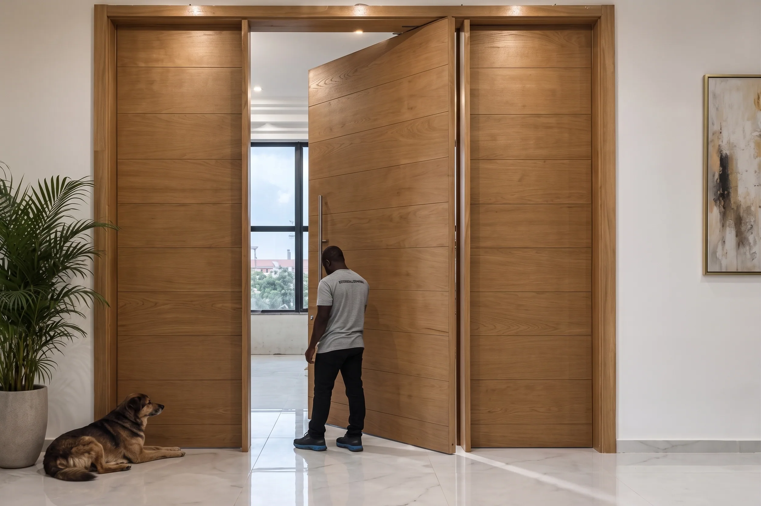 A tall timber pivot door standing open into a bright living room